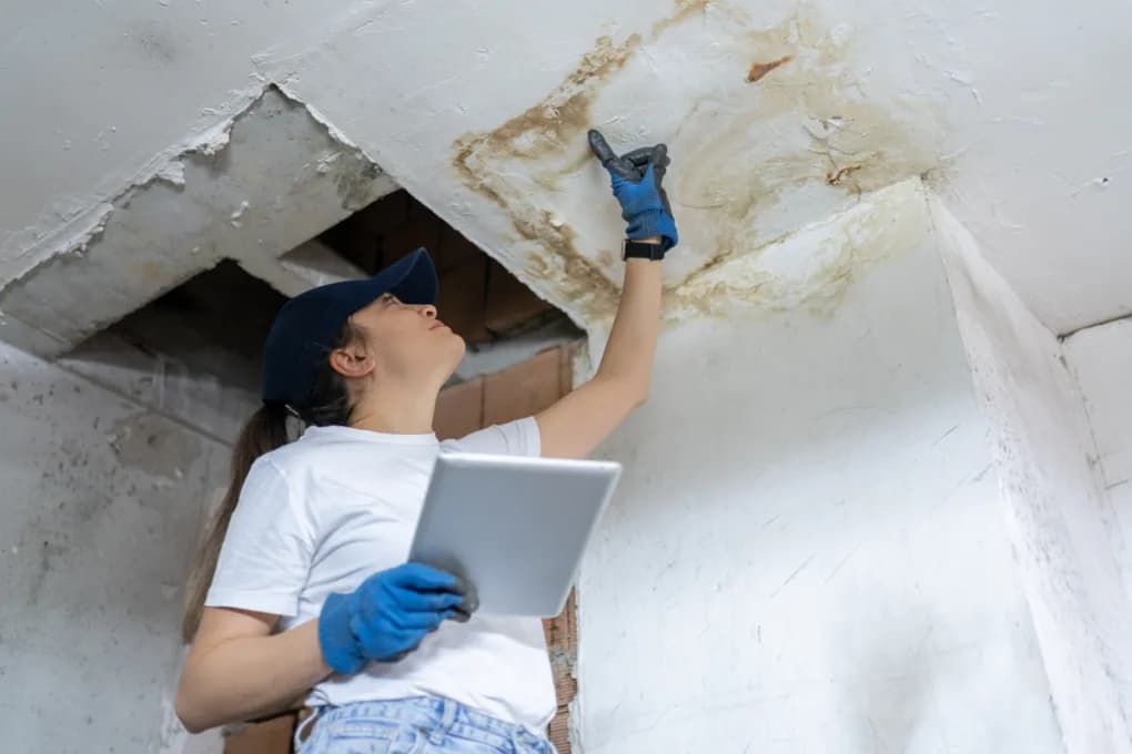Technician inspecting a water damaged ceiling.